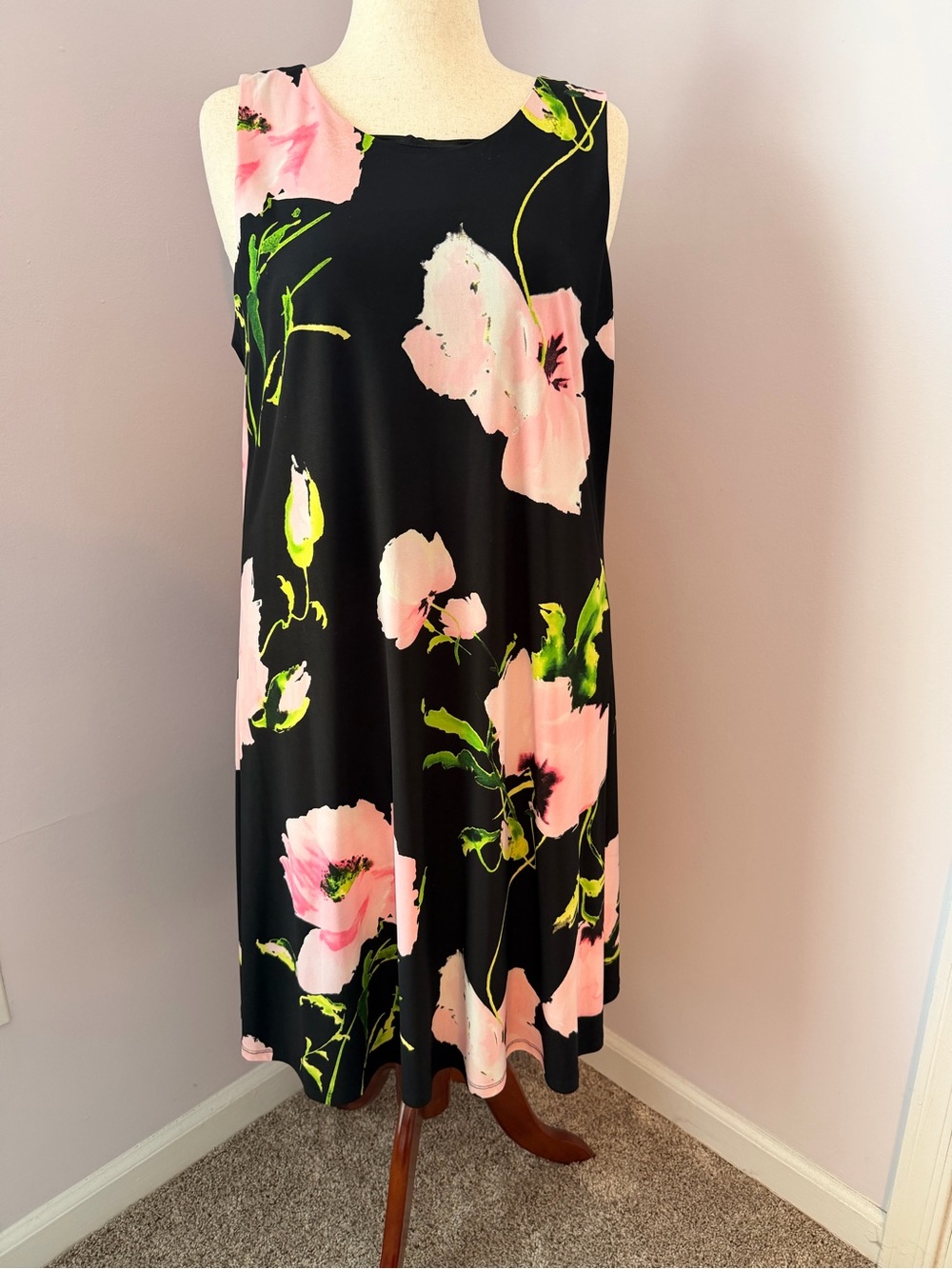 Anne Klein Black Shift Dress with Pink Floral Print